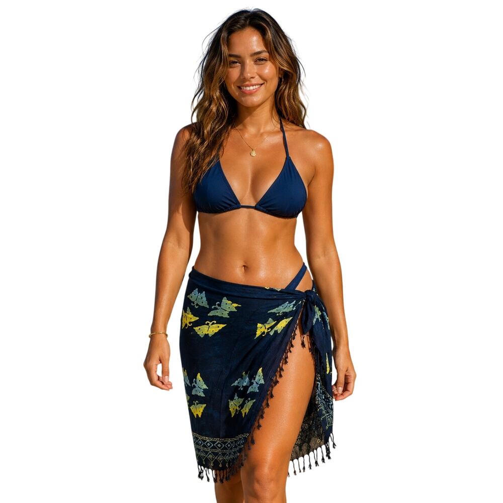 Womens Sarong Bathing Suit Swim Cover Up Yellow/Blue on Navy Butterfly OSFM